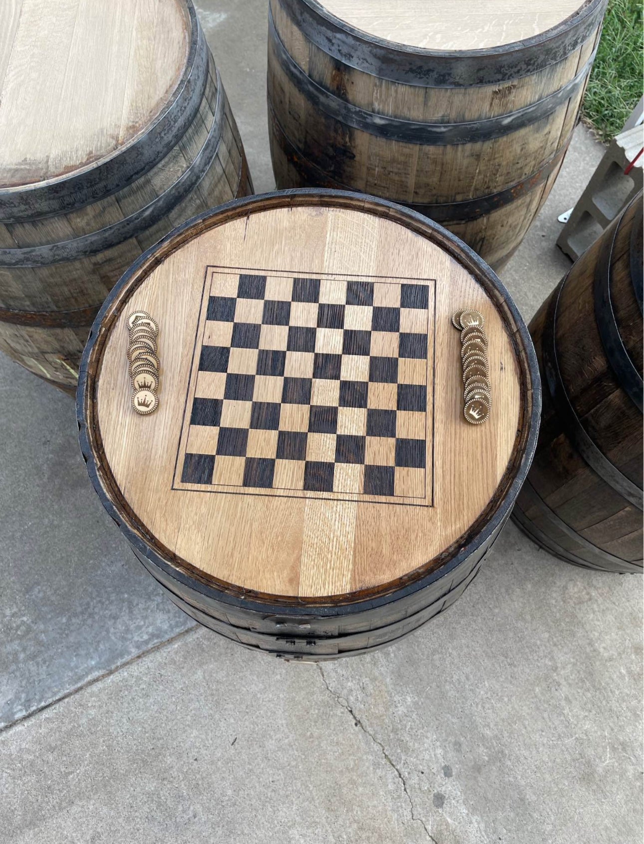 Checkerboard Engraved Whole Whiskey Barrel With Wood Checkers