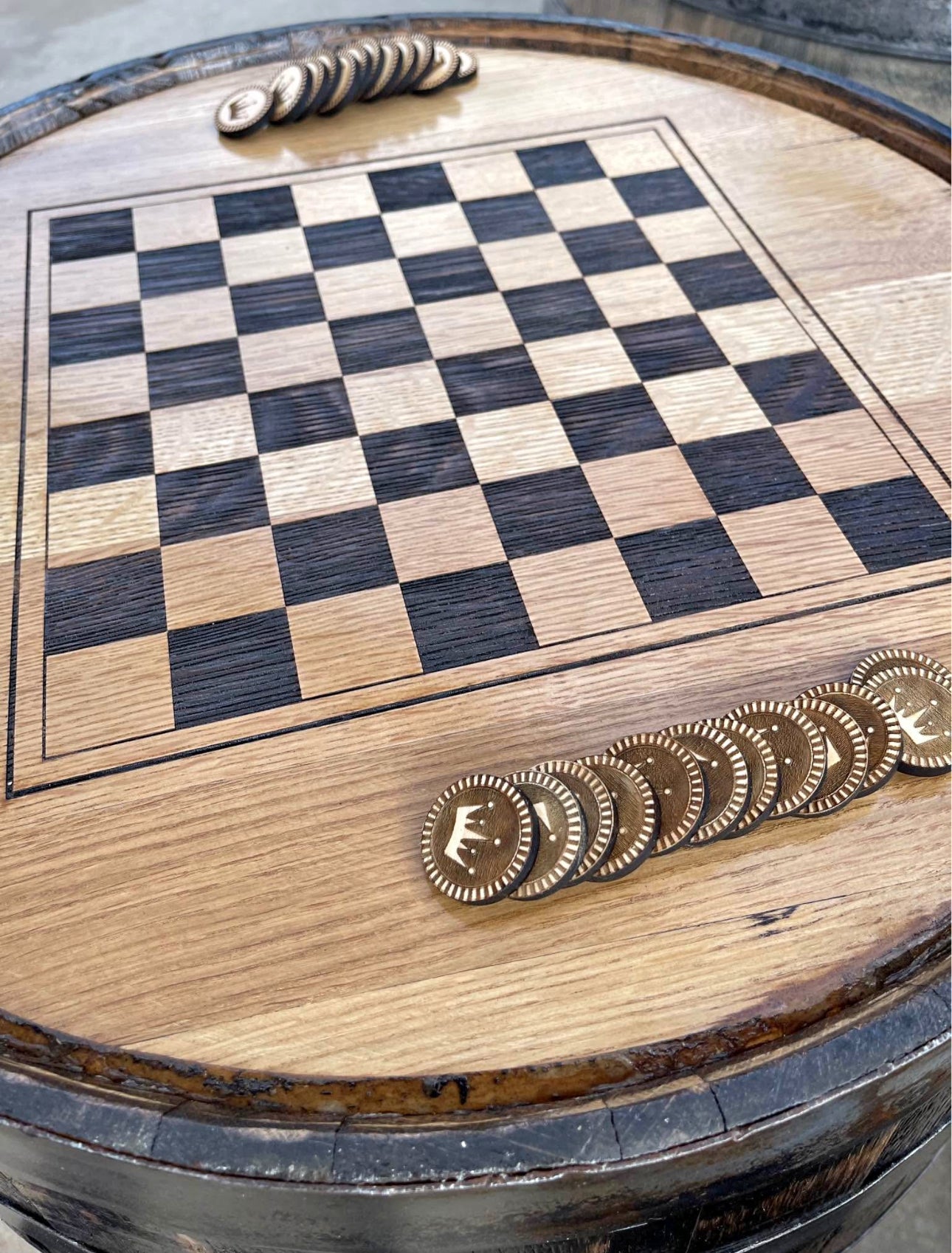 Checkerboard Engraved Whole Whiskey Barrel With Wood Checkers