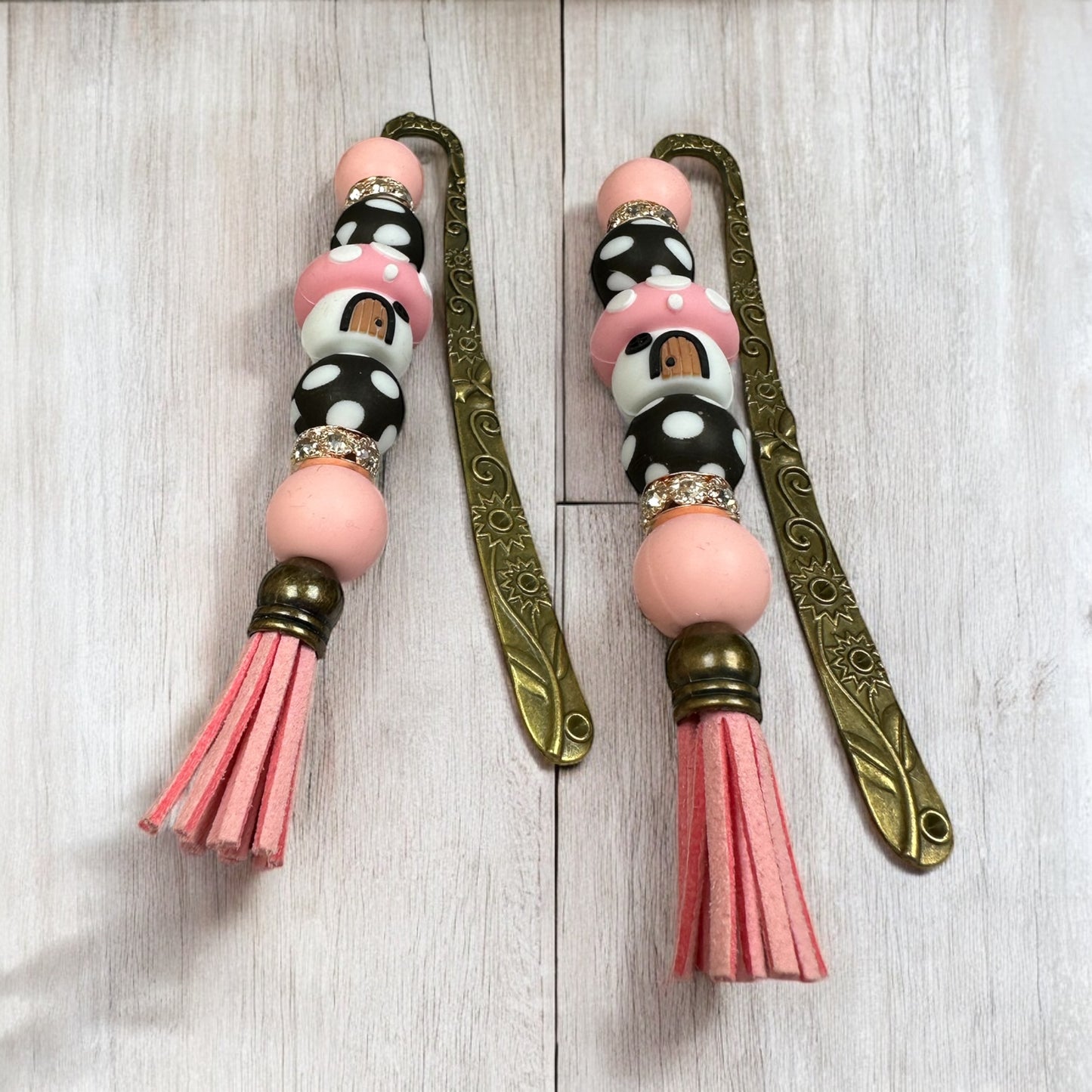 Pink Mushroom House Beaded Bookmark