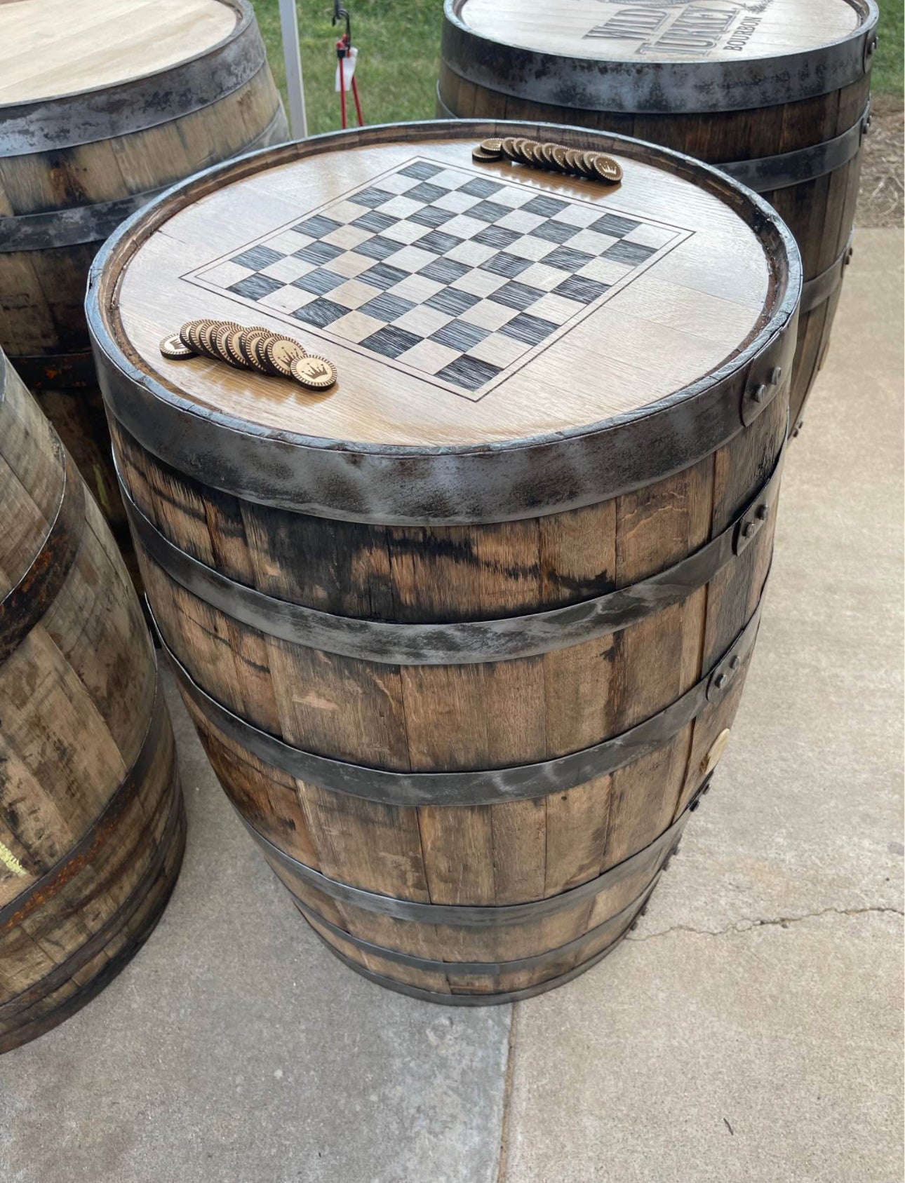 Checkerboard Engraved Whole Whiskey Barrel With Wood Checkers