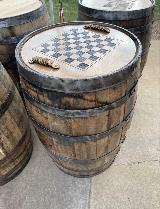Checkerboard Engraved Whole Whiskey Barrel With Wood Checkers