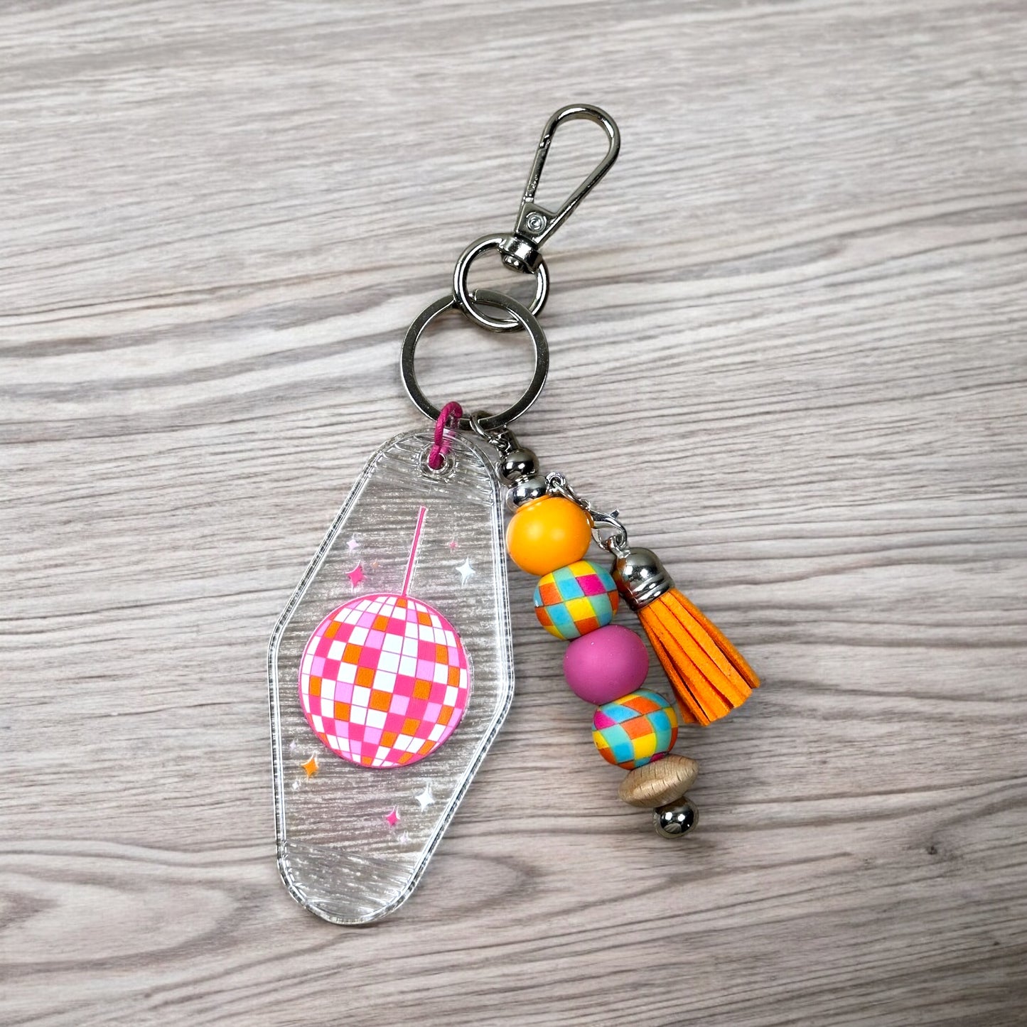 Groovy Disco Motel Keychain With Beaded Bar Charm