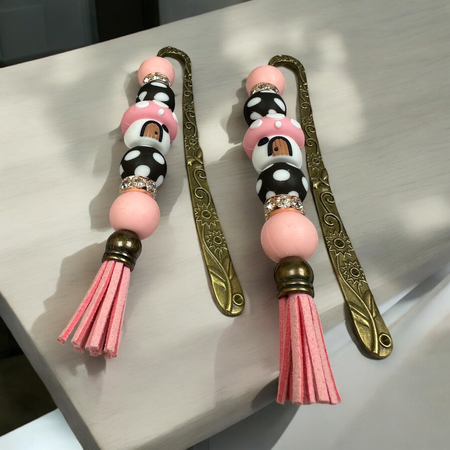 Pink Mushroom House Beaded Bookmark