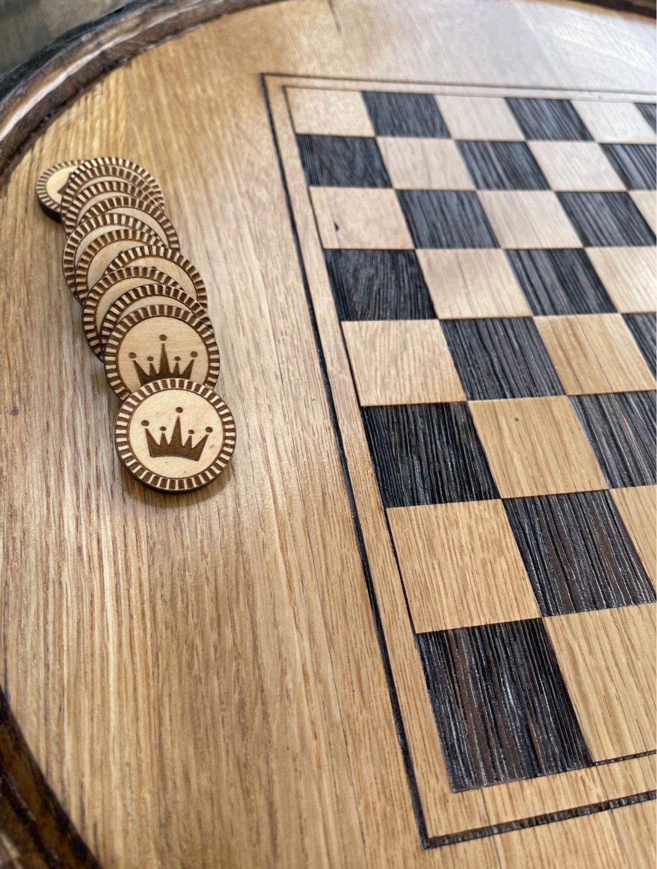Checkerboard Engraved Whole Whiskey Barrel With Wood Checkers
