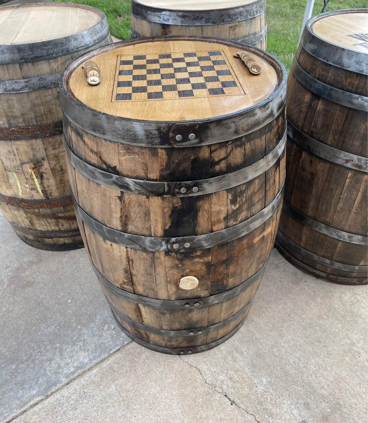 Checkerboard Engraved Whole Whiskey Barrel With Wood Checkers