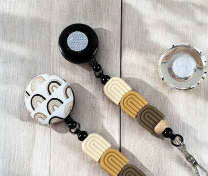 Boho Brown Rainbows Fabric Covered Badge Reel