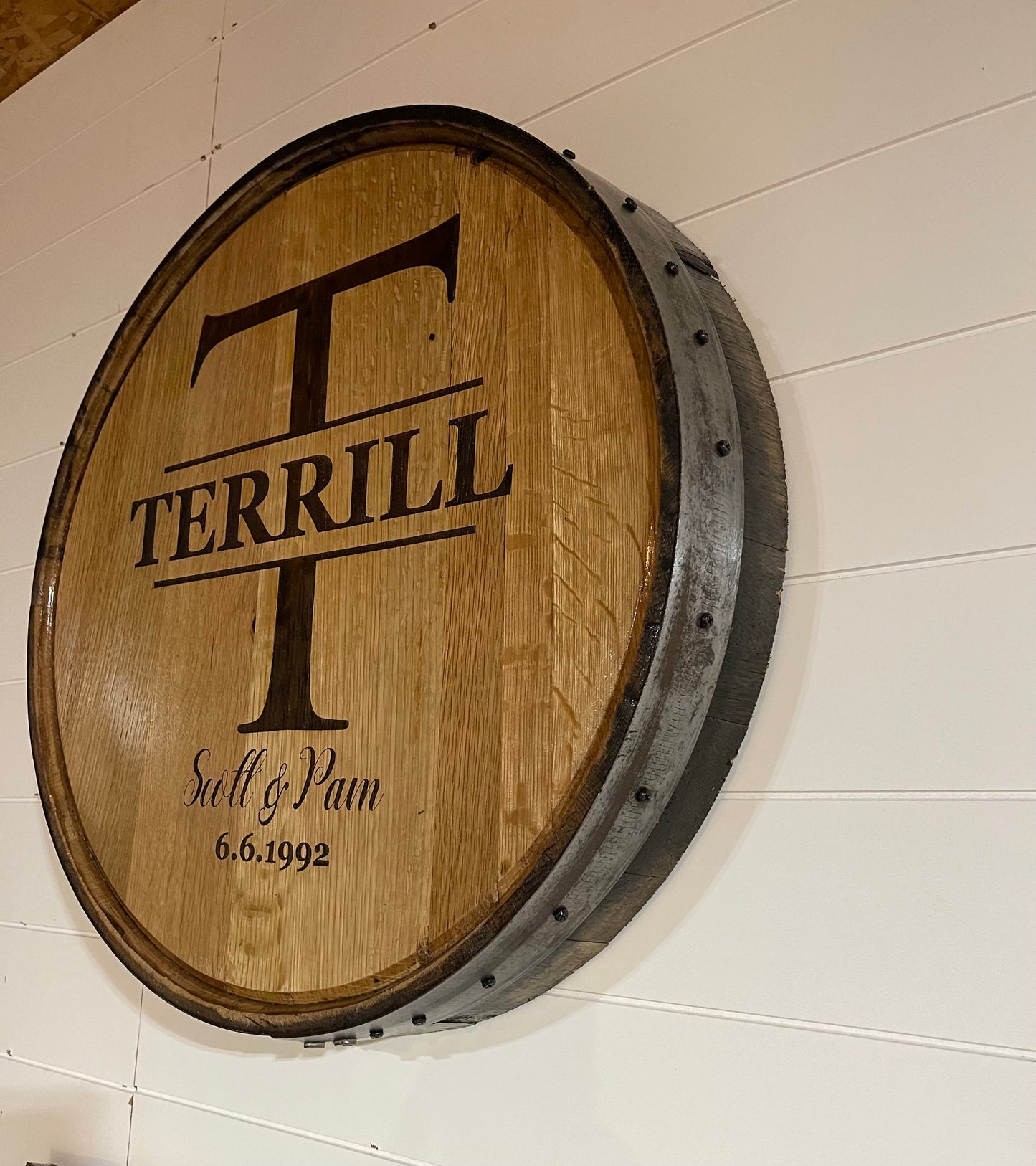 Custom Engraved Family Name Monogram Whiskey Barrel Lid Sign