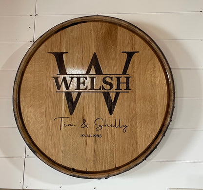 Custom Engraved Family Name Monogram Whiskey Barrel Lid Sign