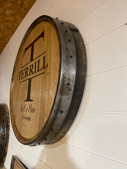 Custom Engraved Family Name Monogram Whiskey Barrel Lid Sign