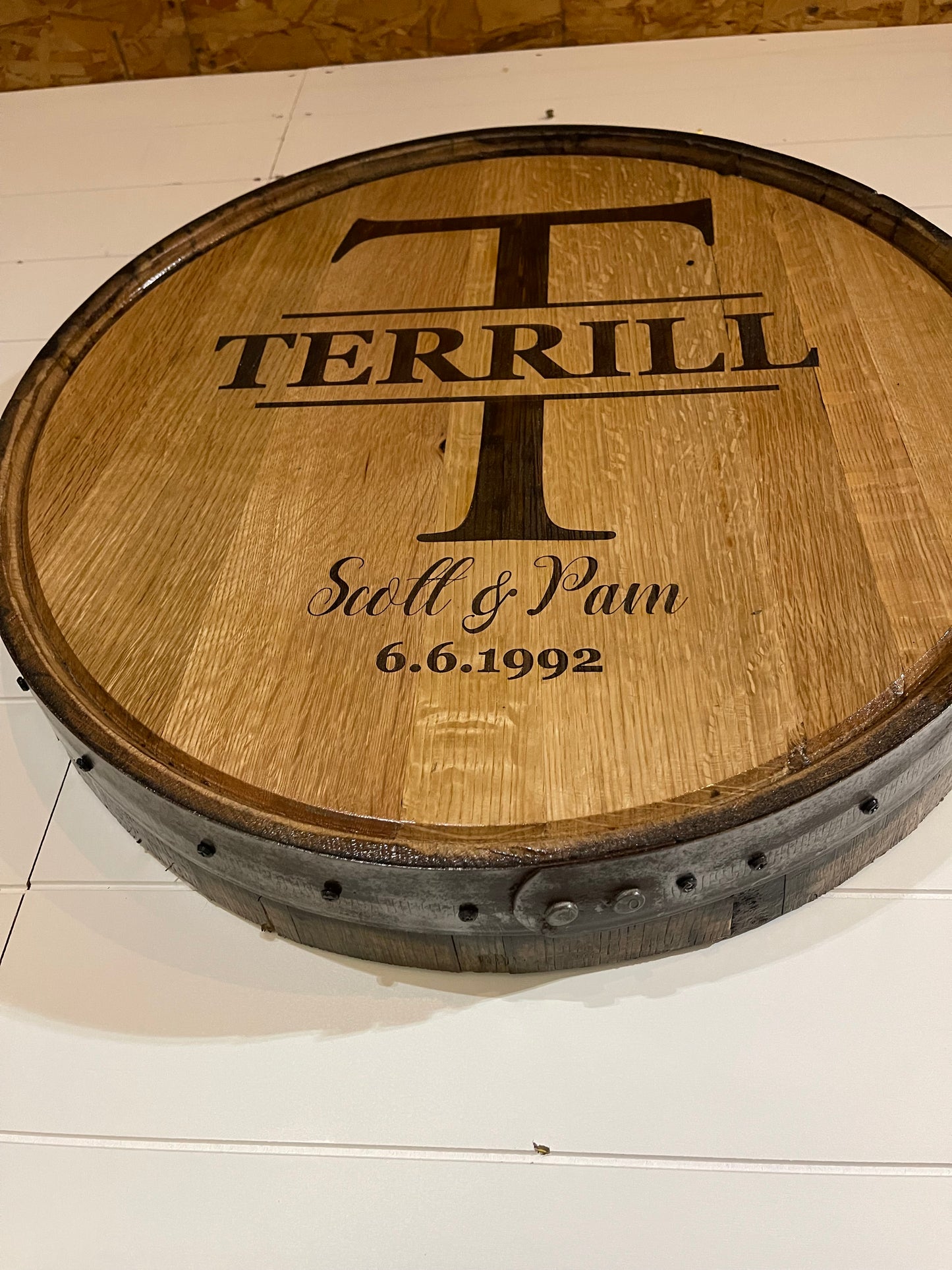 Custom Engraved Family Name Monogram Whiskey Barrel Lid Sign