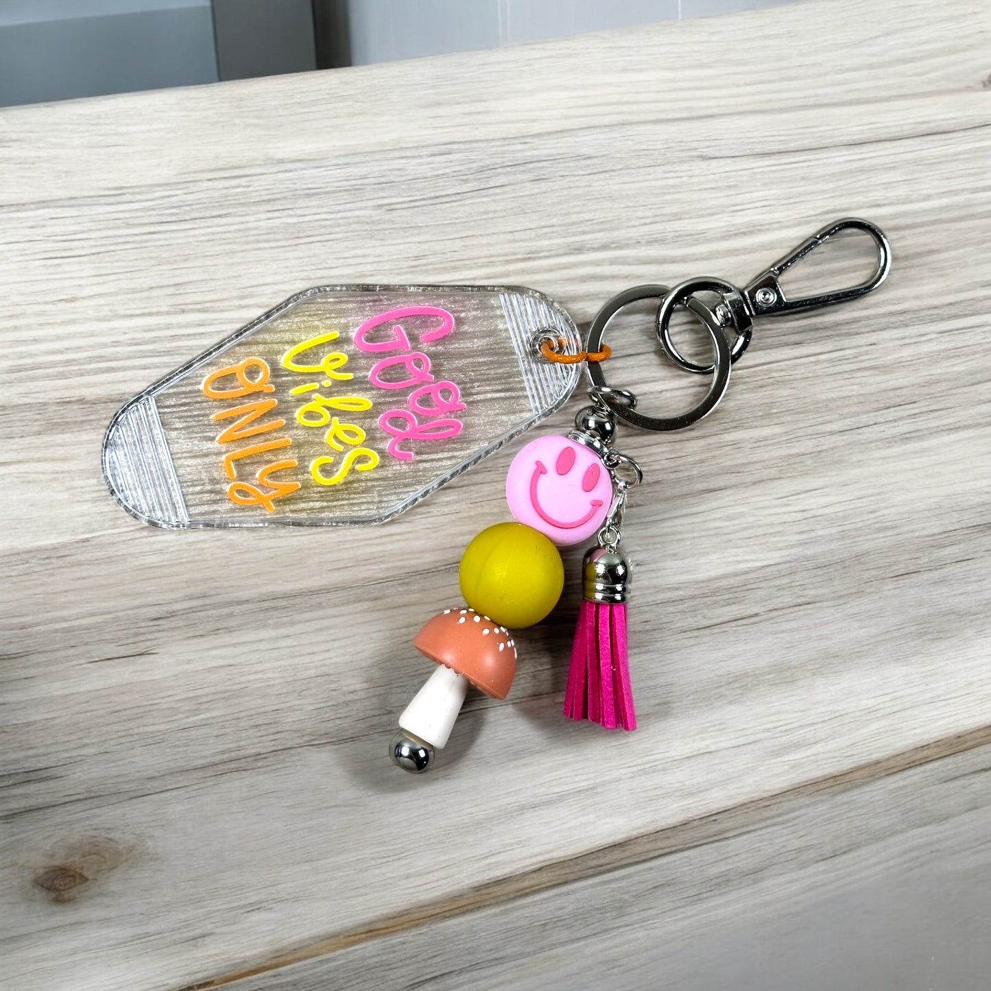 Good Vibes Motel Keychain With Retro Mushroom Charm