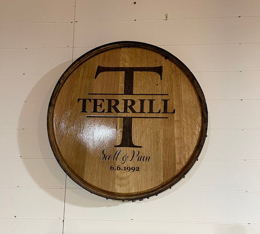 Custom Engraved Family Name Monogram Whiskey Barrel Lid Sign