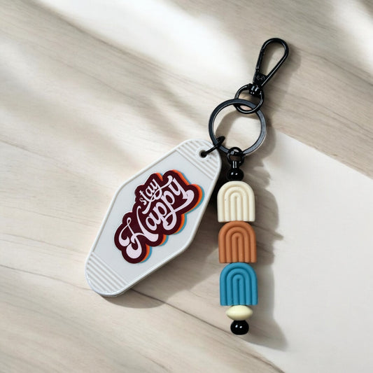 Stay Happy Motel Keychain With Beaded Bar Charm
