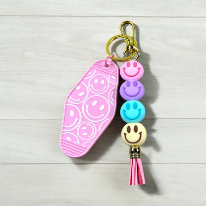 Smiley Faces Motel Keychain With Retro Beaded Charm