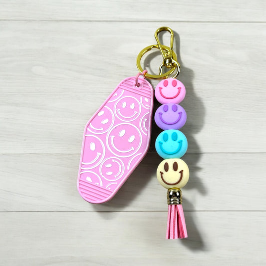Smiley Faces Motel Keychain With Retro Beaded Charm
