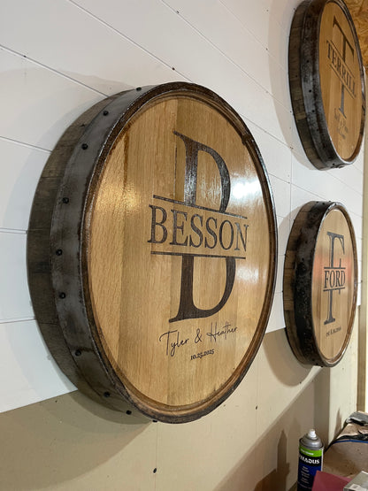 Custom Engraved Family Name Monogram Whiskey Barrel Lid Sign