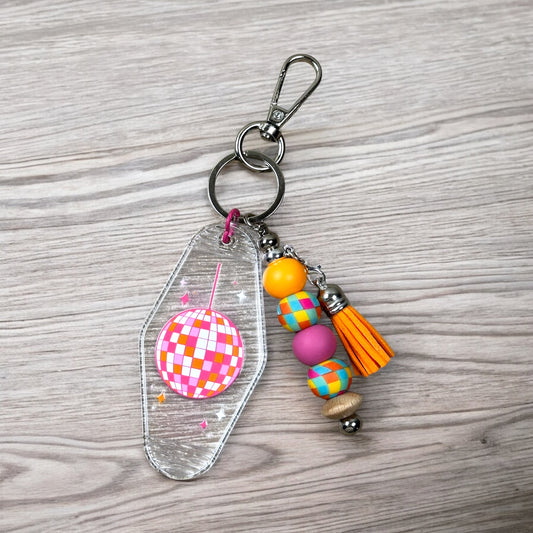 Groovy Disco Motel Keychain With Beaded Bar Charm