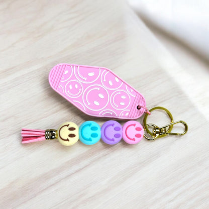 Smiley Faces Motel Keychain With Retro Beaded Charm