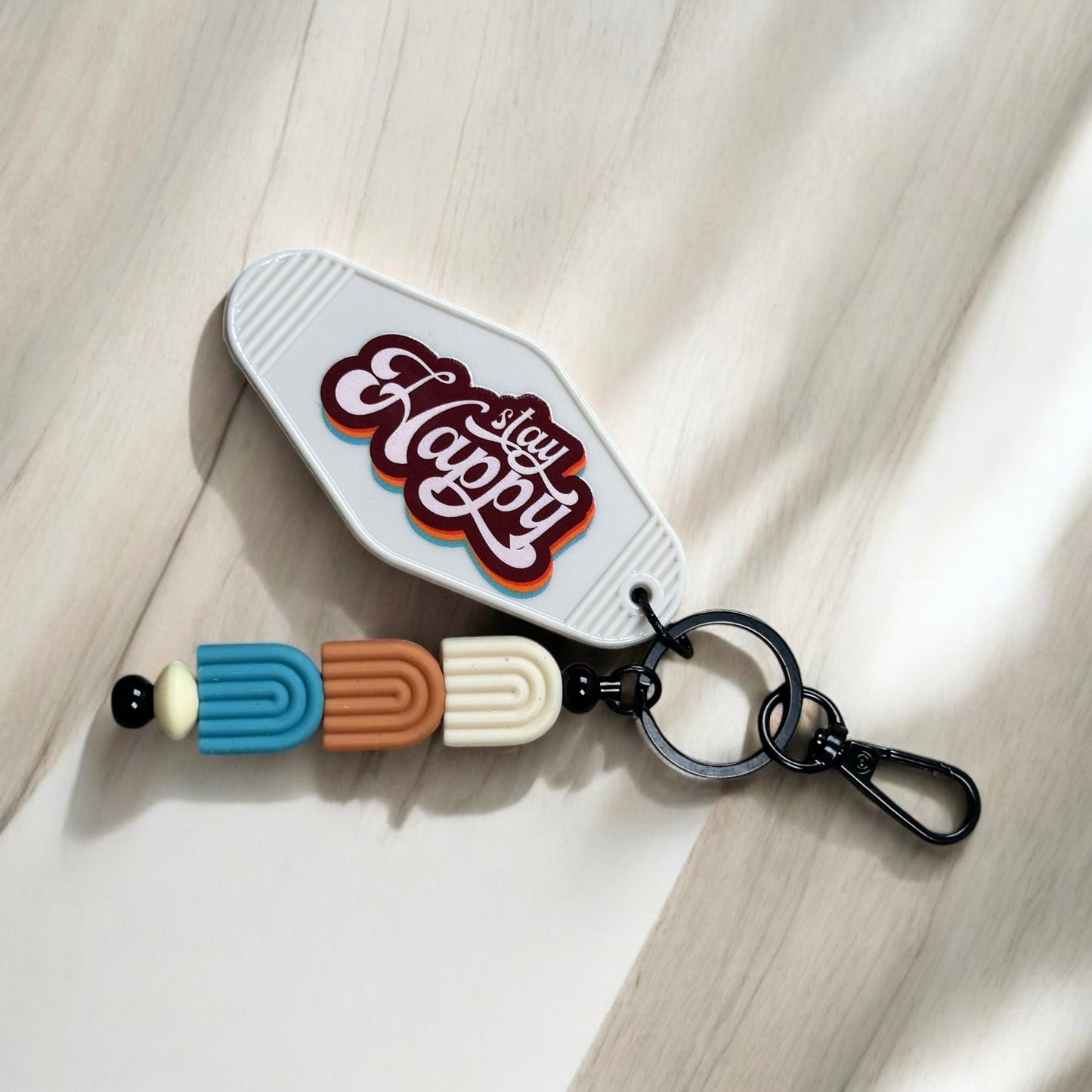 Stay Happy Motel Keychain With Beaded Bar Charm