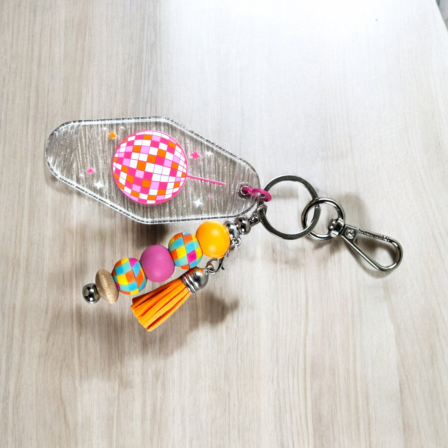 Groovy Disco Motel Keychain With Beaded Bar Charm