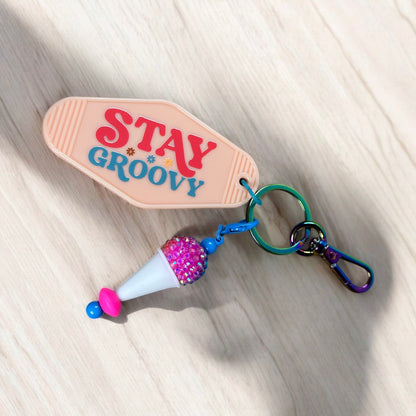 Stay Groovy Motel Keychain With Beaded Bar Charm