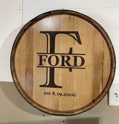 Custom Engraved Family Name Monogram Whiskey Barrel Lid Sign