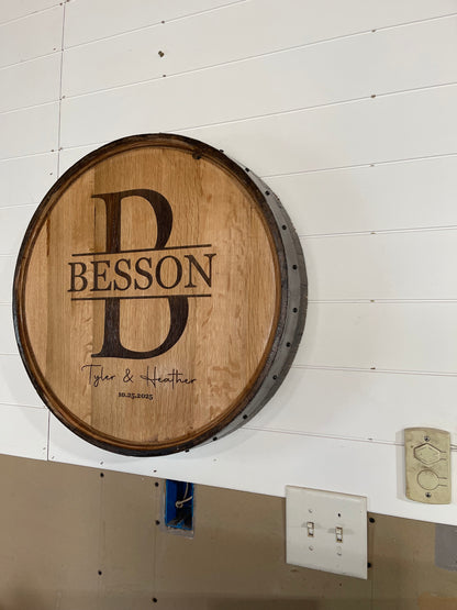 Custom Engraved Family Name Monogram Whiskey Barrel Lid Sign