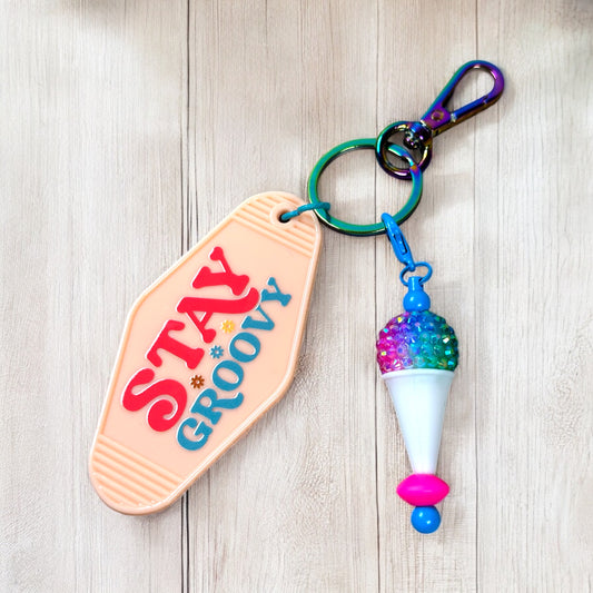 Stay Groovy Motel Keychain With Beaded Bar Charm