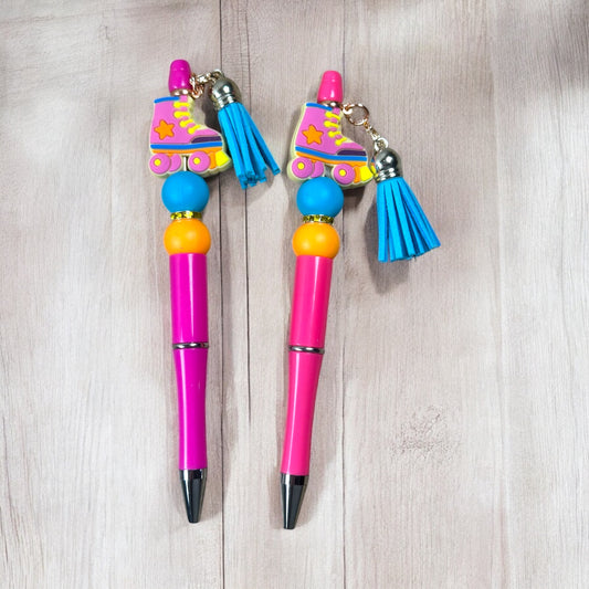 Pink Retro Roller Skate Beaded Pen