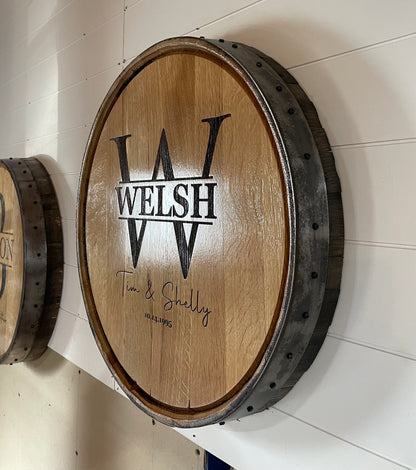 Custom Engraved Family Name Monogram Whiskey Barrel Lid Sign
