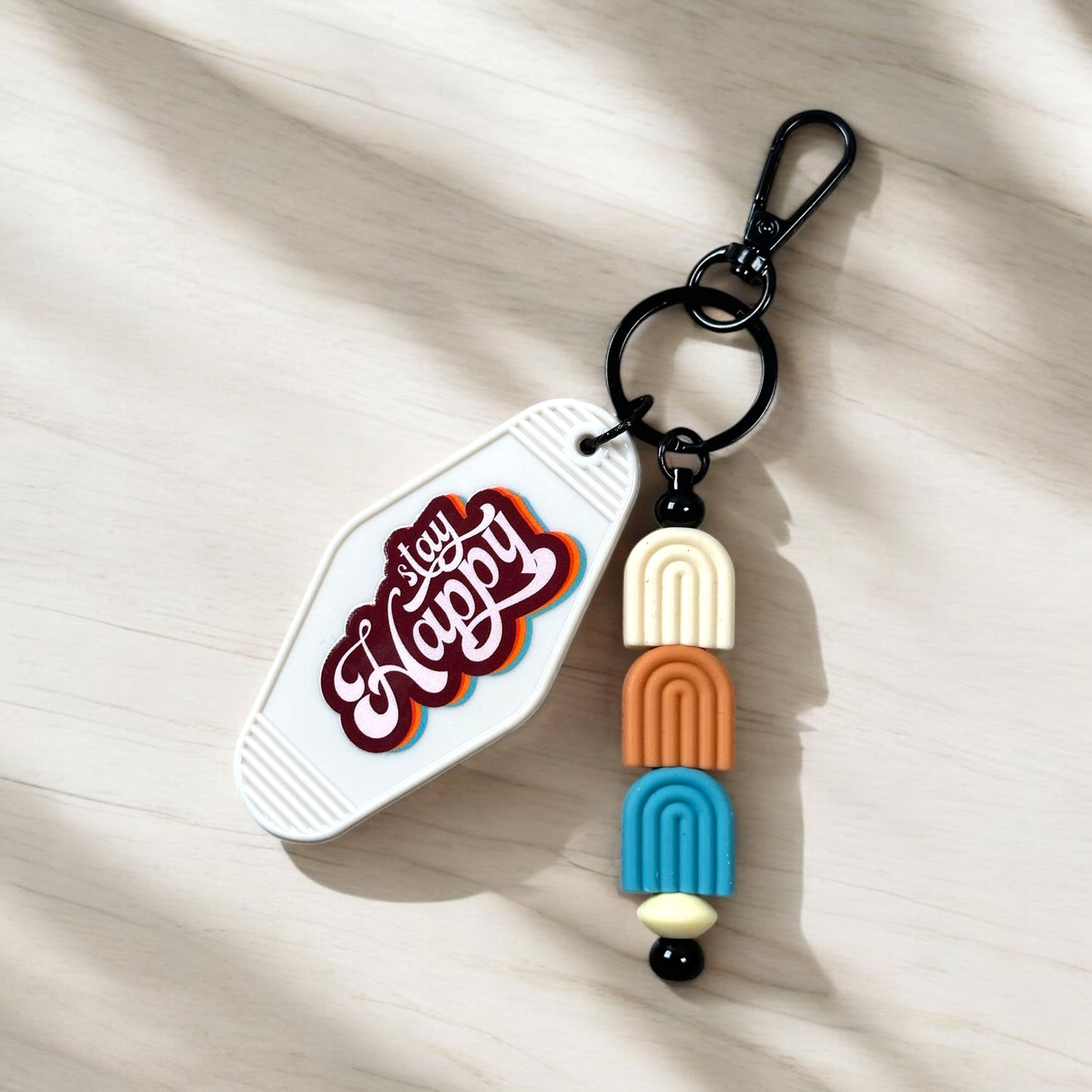Stay Happy Motel Keychain With Beaded Bar Charm