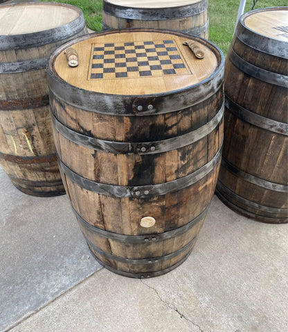Checkerboard Engraved Whole Whiskey Barrel With Wood Checkers