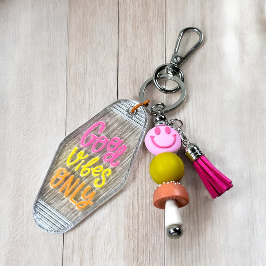 Good Vibes Motel Keychain With Retro Mushroom Charm