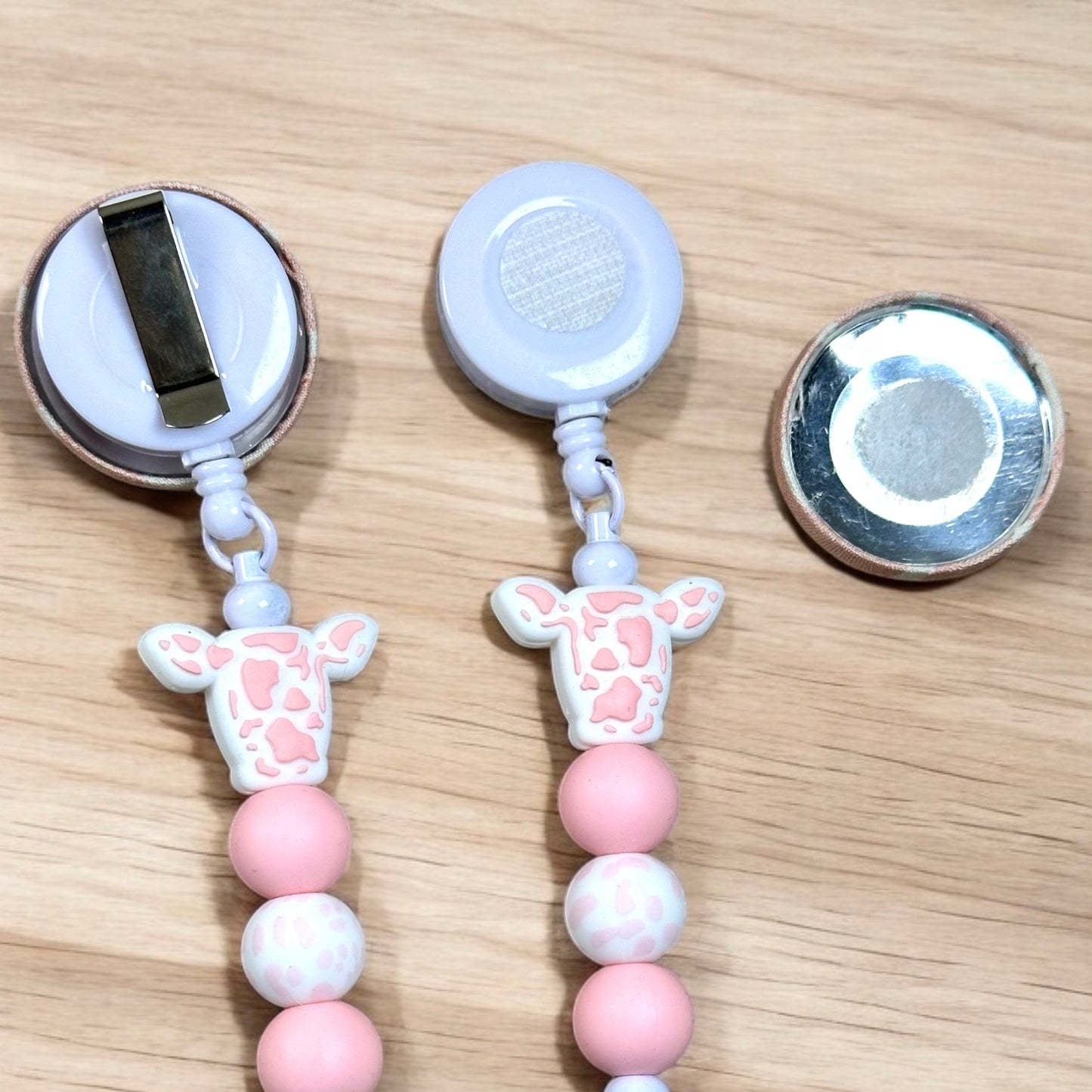 Pink Cow Print Fabric Covered Badge Reel
