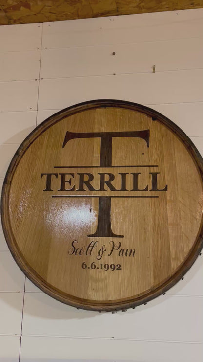 Custom Engraved Family Name Monogram Whiskey Barrel Lid Sign